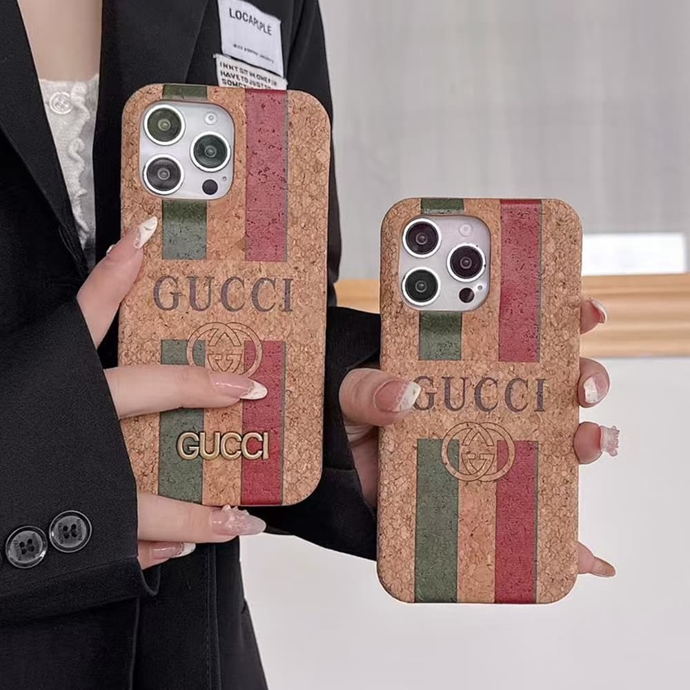 Gucci Cork-textured Luxury iPhone Case – Web Stripe (PC & leather)