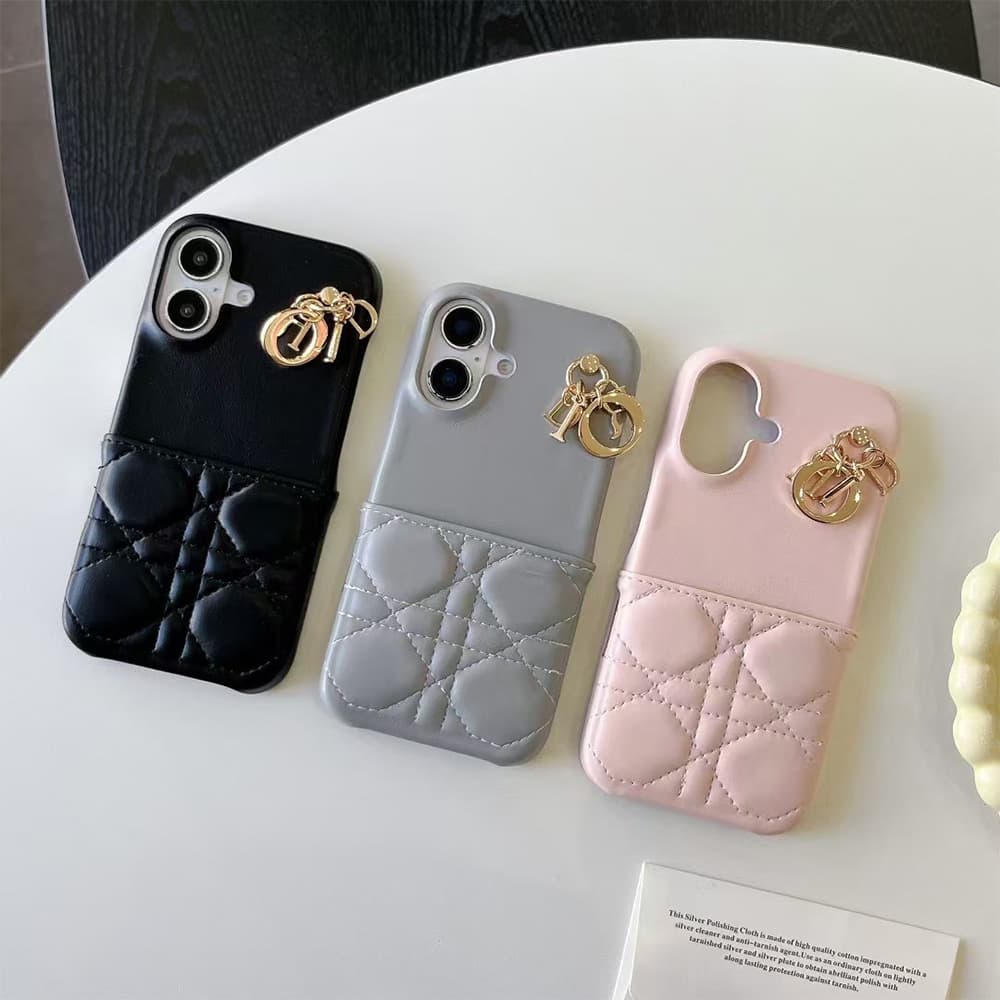 DIOR Cannage Quilted Leather Designer iPhone Case with Gold D.I.O.R. Charm