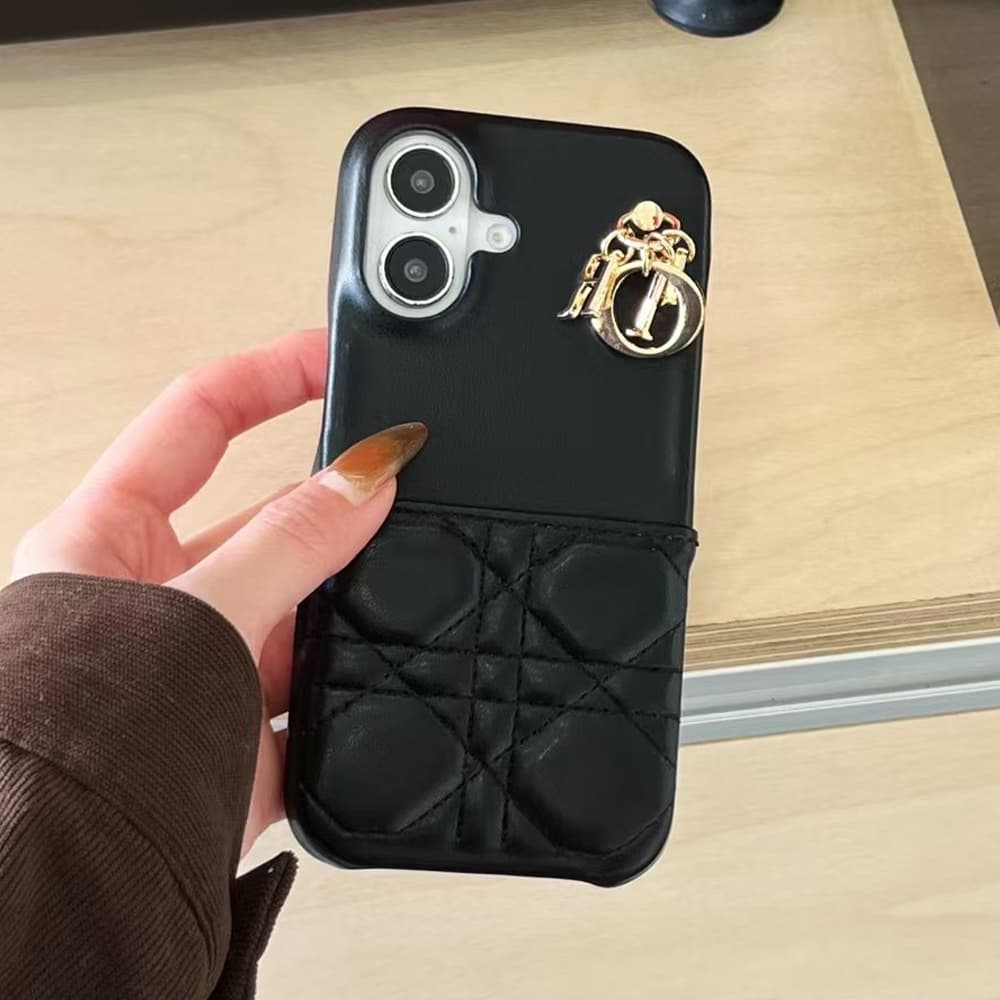 DIOR Cannage Quilted Leather Designer iPhone Case with Gold D.I.O.R. Charm