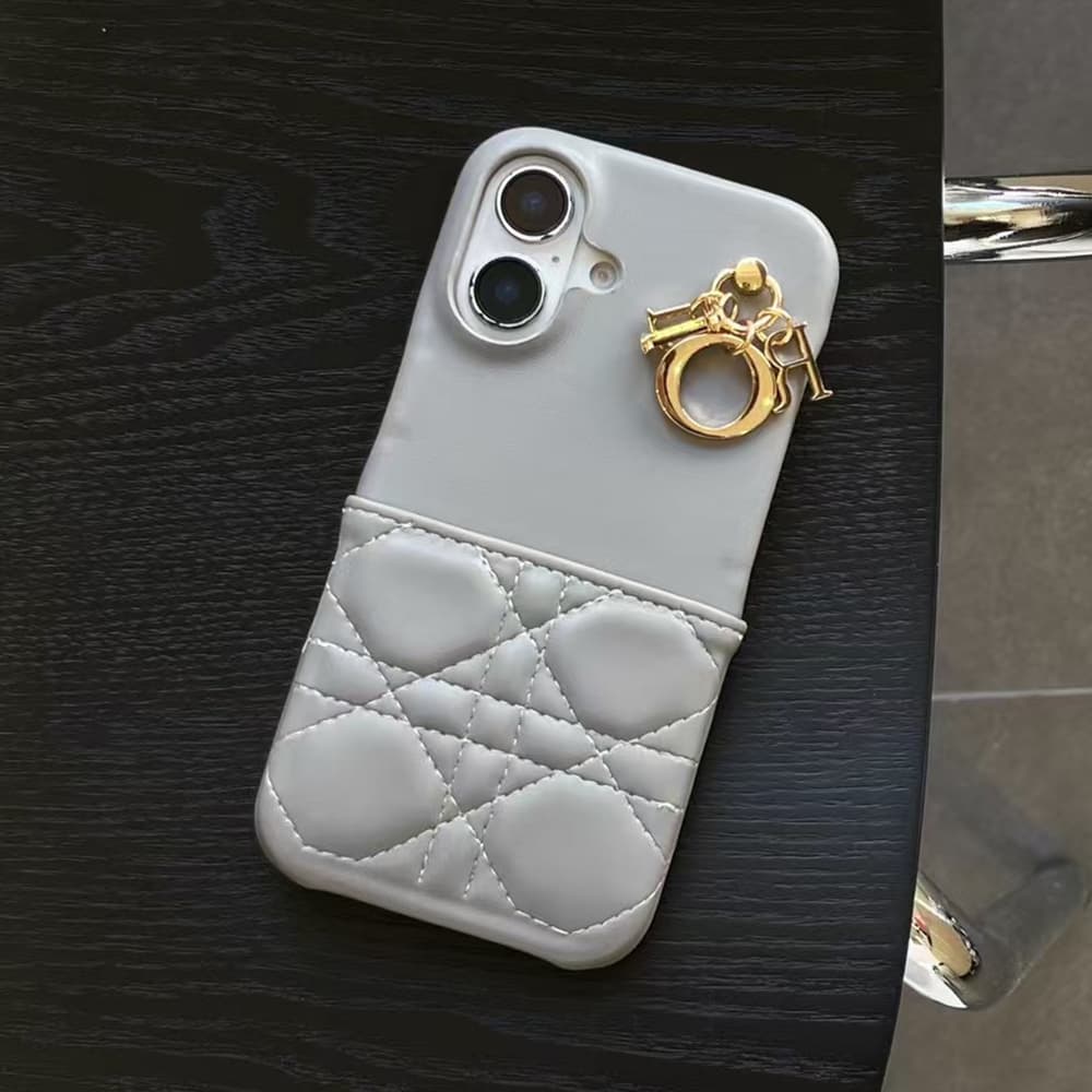 DIOR Cannage Quilted Leather Designer iPhone Case with Gold D.I.O.R. Charm