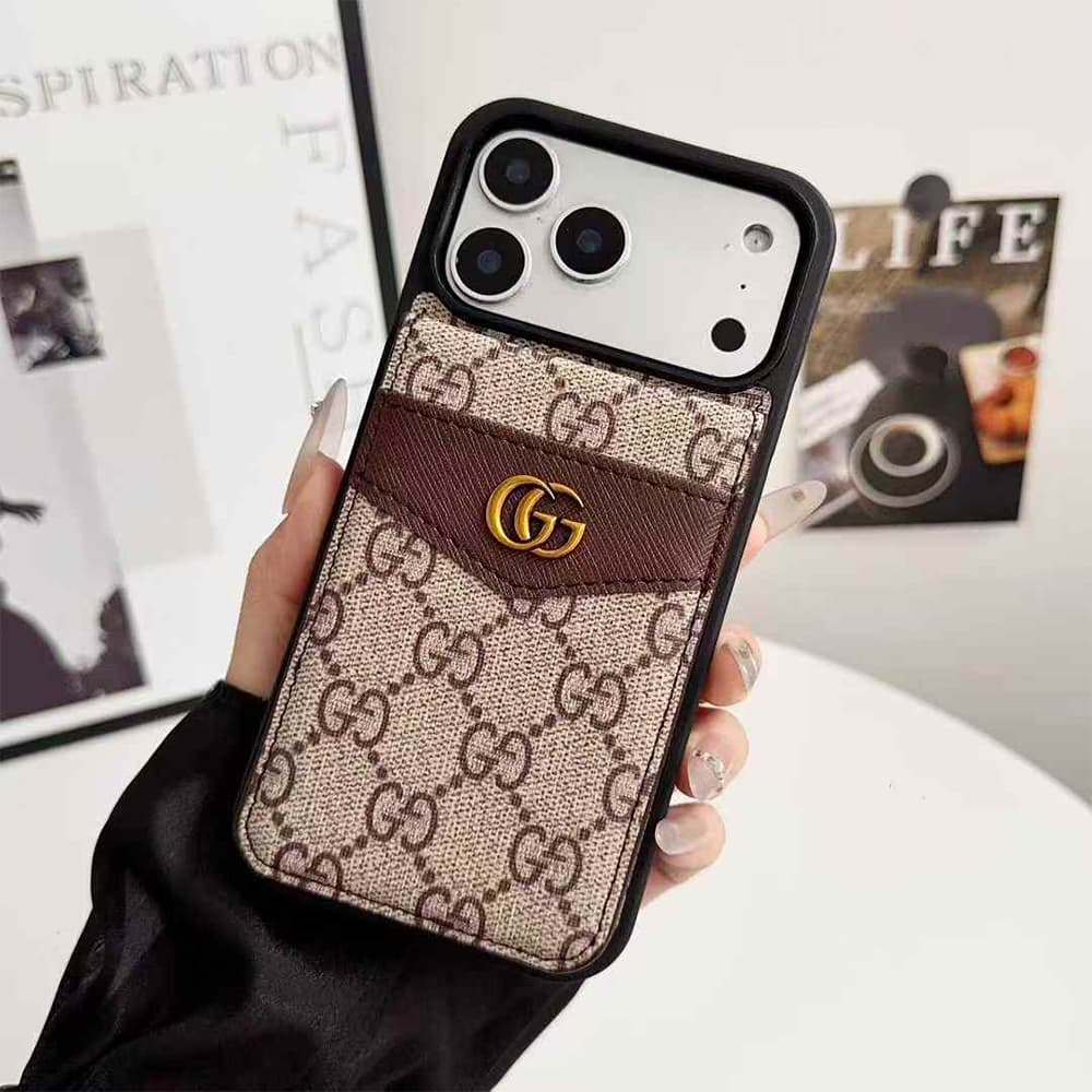 Louis Vuitton & Gucci Flip Card Holder iPhone Case with Gold Logo