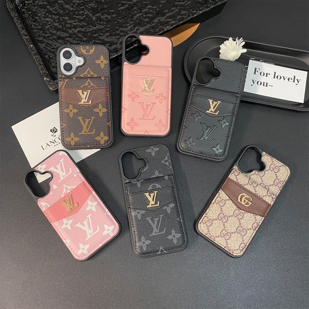 Louis Vuitton & Gucci Flip Card Holder Designer iPhone Case - Monogram/GG Print & Gold Logo
