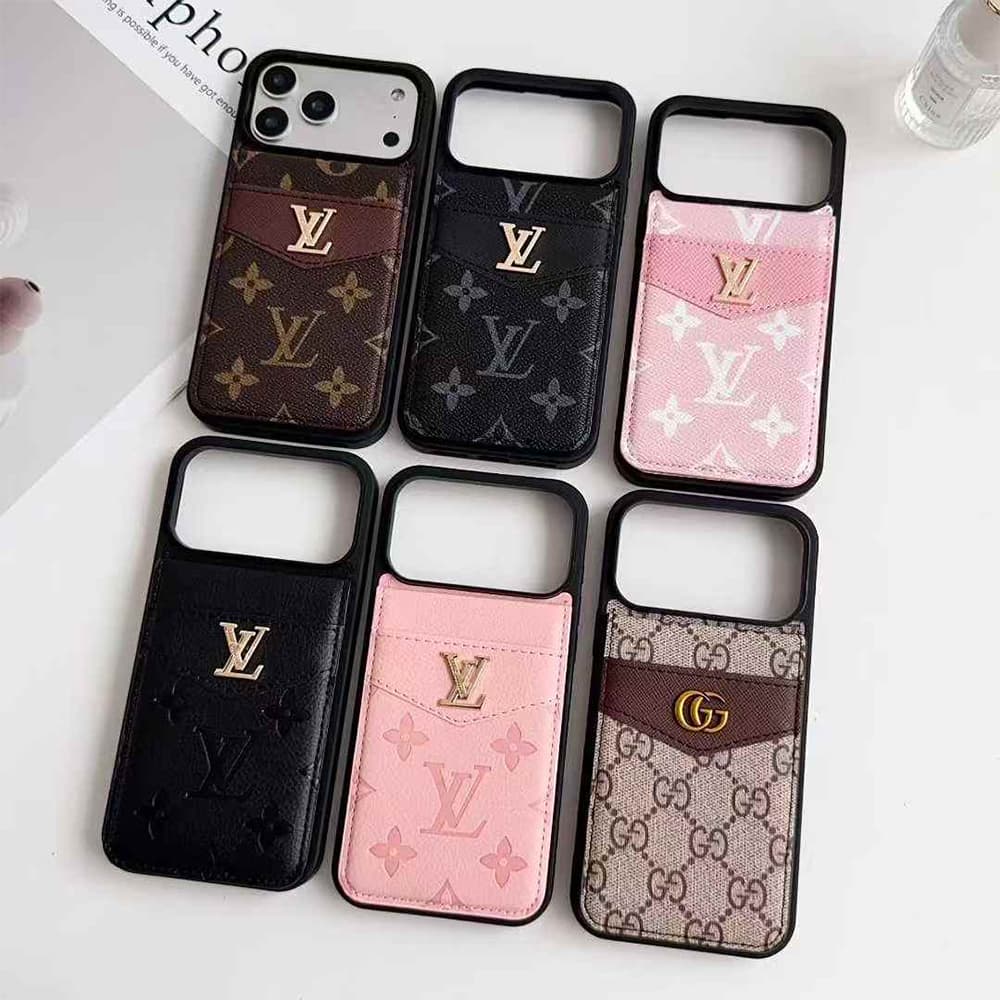 Louis Vuitton & Gucci Flip Card Holder iPhone Case with Gold Logo