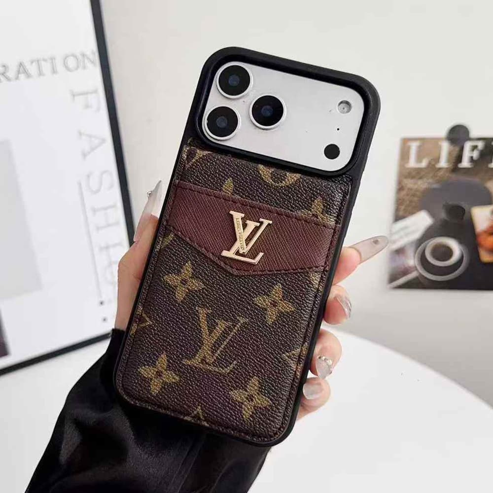 Louis Vuitton & Gucci Flip Card Holder iPhone Case with Gold Logo
