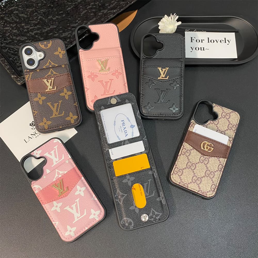 Louis Vuitton & Gucci Flip Card Holder Designer iPhone Case - Monogram/GG Print & Gold Logo