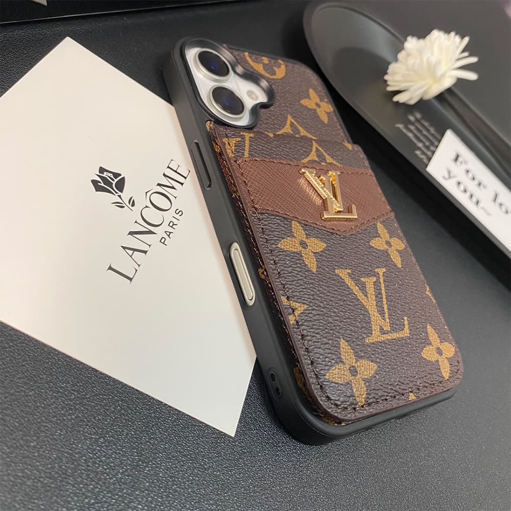 Louis Vuitton & Gucci Flip Card Holder Designer iPhone Case - Monogram/GG Print & Gold Logo
