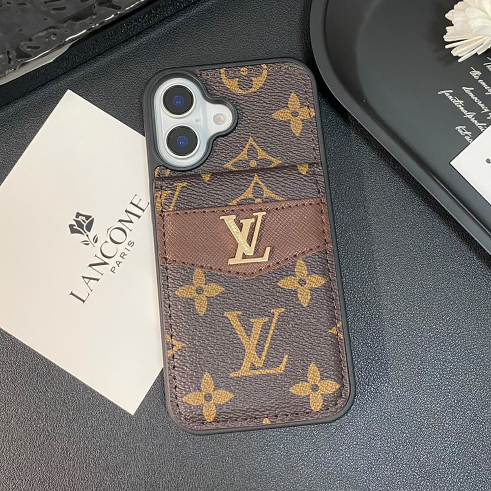 Louis Vuitton & Gucci Flip Card Holder Designer iPhone Case - Monogram/GG Print & Gold Logo