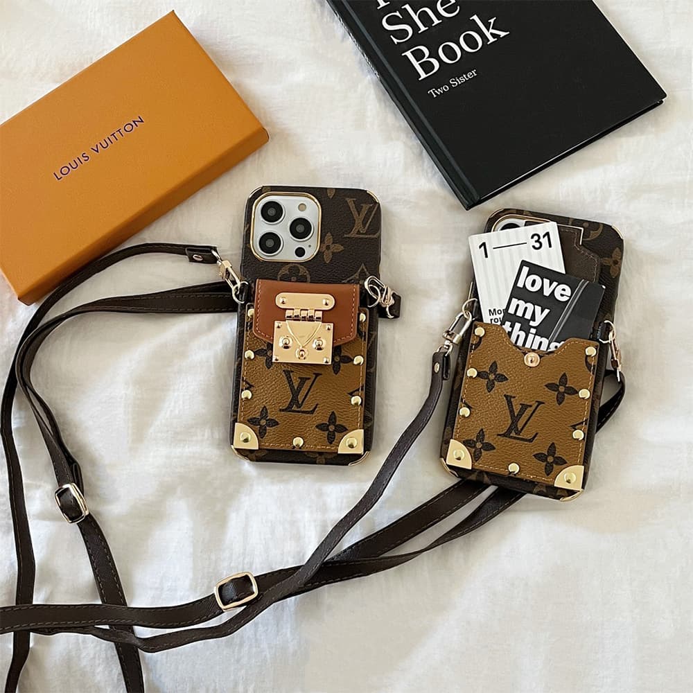 Louis Vuitton Lock Closure Card Slot Luxury iPhone Case - Monogram Print with Detachable Strap