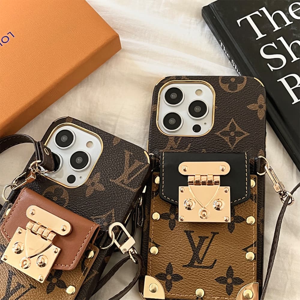 Louis Vuitton Lock Closure Card Slot Luxury iPhone Case - Monogram Print with Detachable Strap
