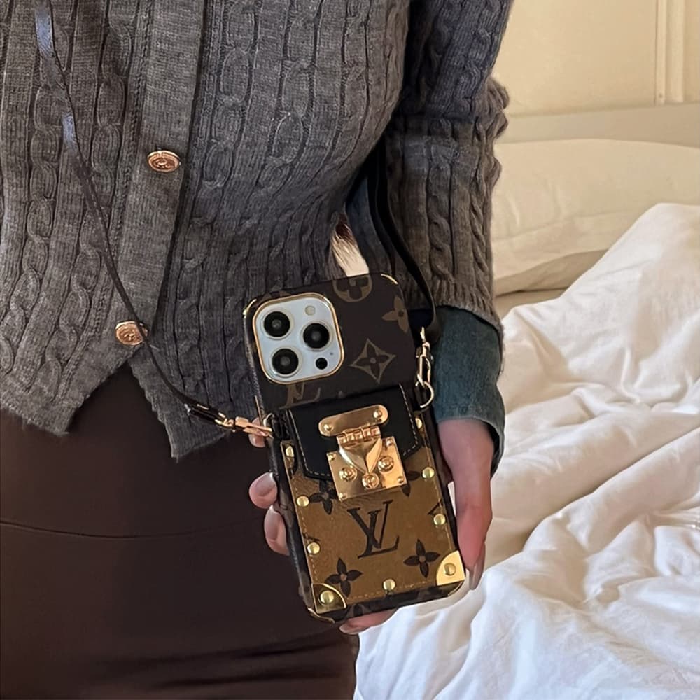 Louis Vuitton Lock Closure Card Slot Luxury iPhone Case - Monogram Print with Detachable Strap