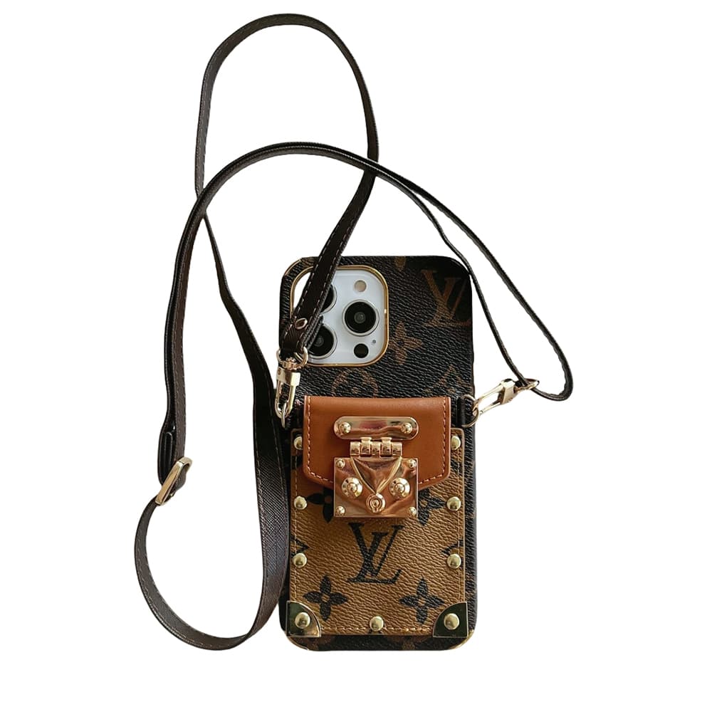Louis Vuitton Lock Closure Card Slot Luxury iPhone Case - Monogram Print with Detachable Strap