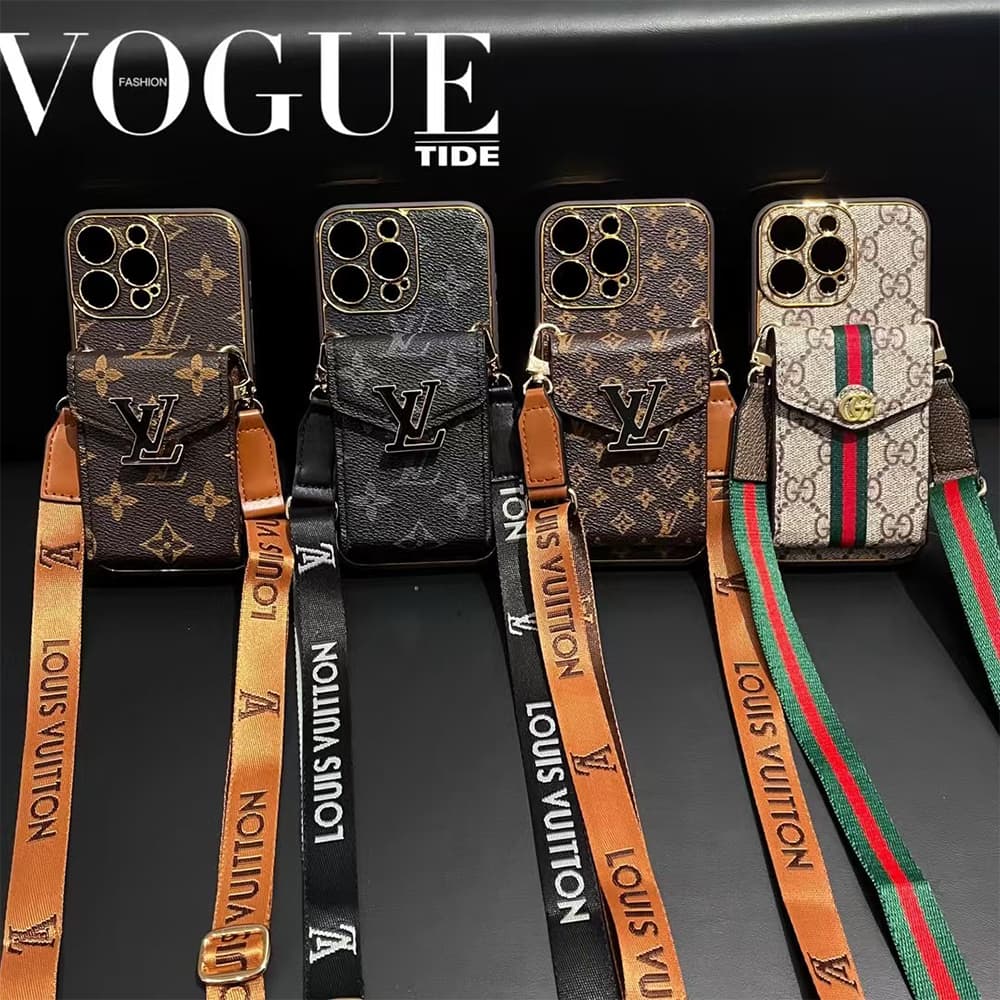 LV & Gucci Accordion Card Wallet Designer iPhone Case - Monogram/GG Print with Detachable Strap & Oversized Logo