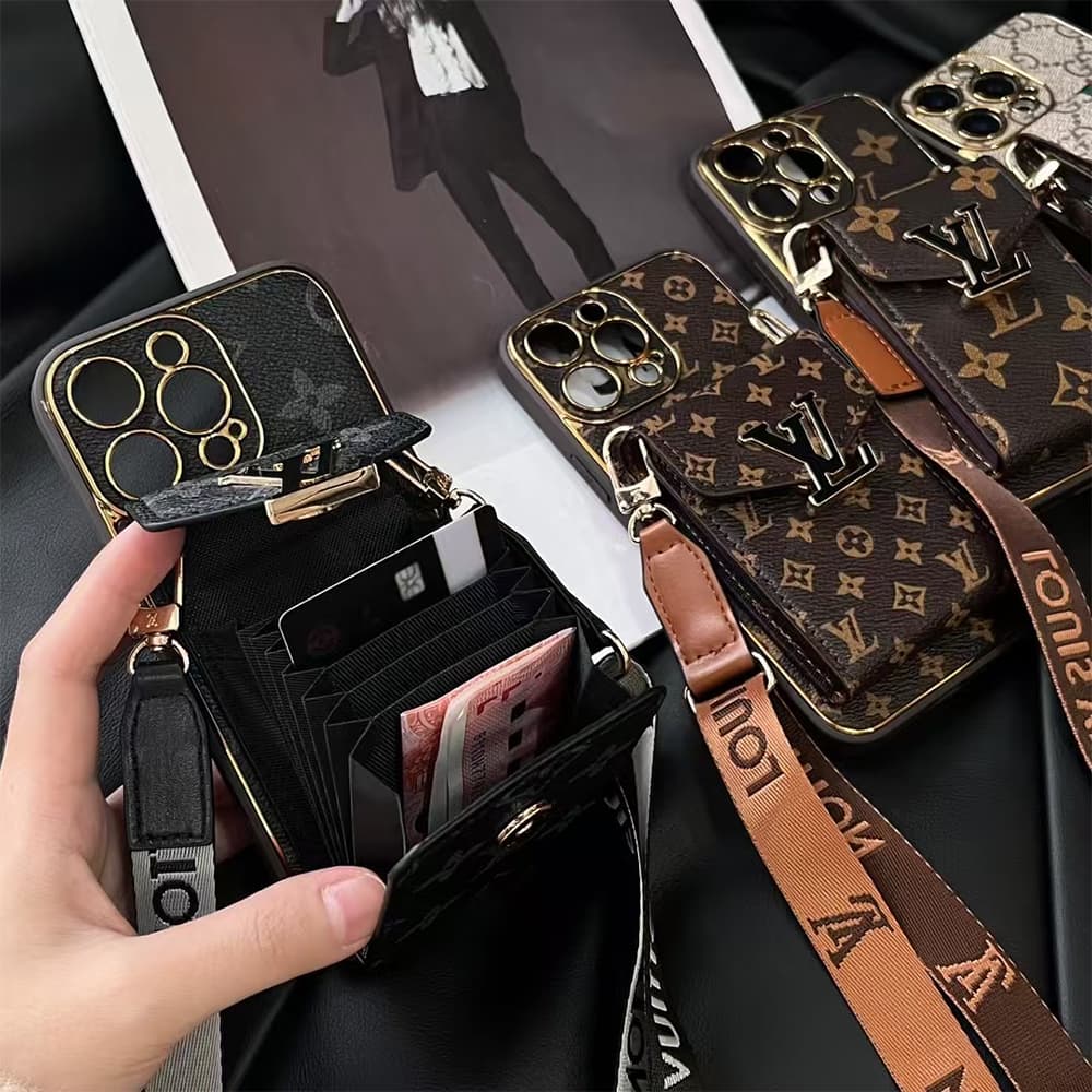 LV & Gucci Accordion Card Wallet Designer iPhone Case - Monogram/GG Print with Detachable Strap & Oversized Logo