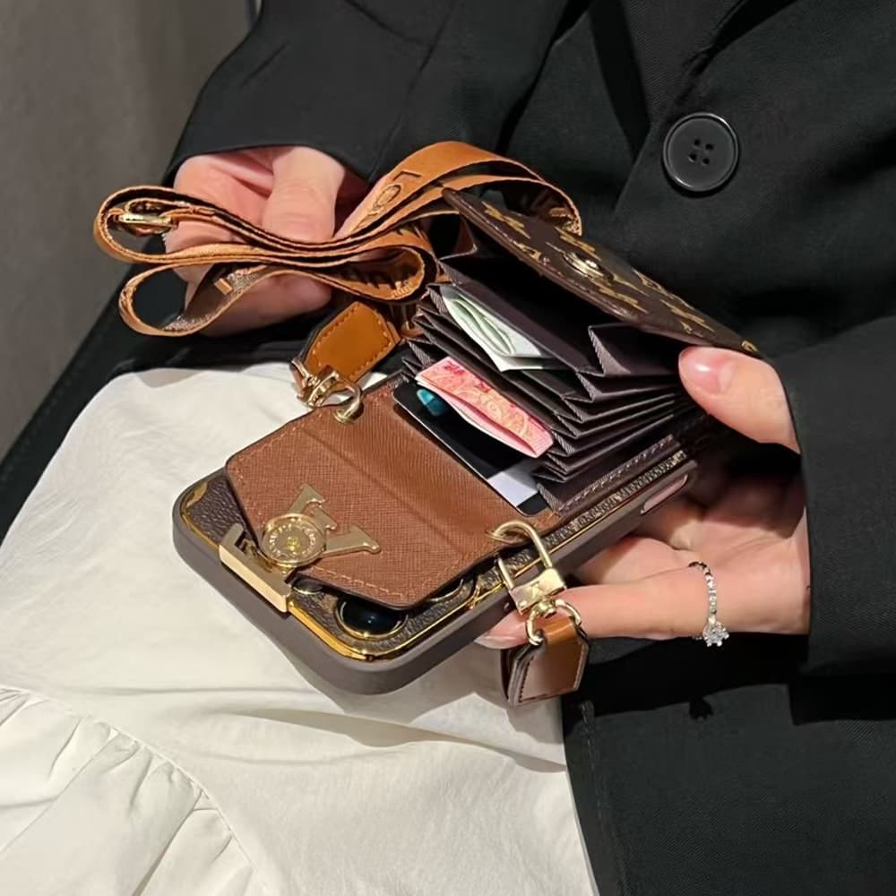 LV & Gucci Accordion Card Wallet Designer iPhone Case - Monogram/GG Print with Detachable Strap & Oversized Logo