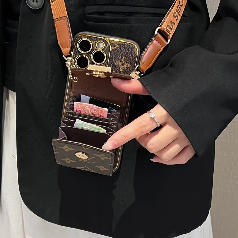 LV & Gucci Accordion Card Wallet Designer iPhone Case - Monogram/GG Print with Detachable Strap & Oversized Logo