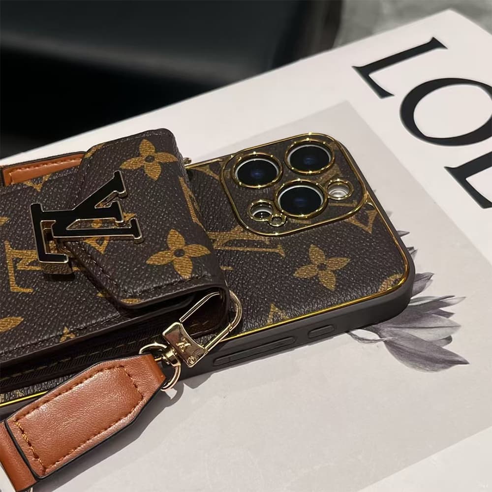 LV & Gucci Accordion Card Wallet Designer iPhone Case - Monogram/GG Print with Detachable Strap & Oversized Logo