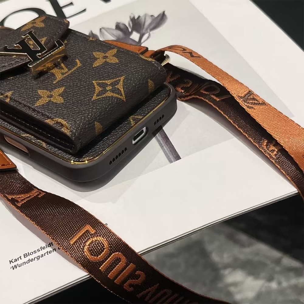LV & Gucci Accordion Card Wallet Designer iPhone Case - Monogram/GG Print with Detachable Strap & Oversized Logo
