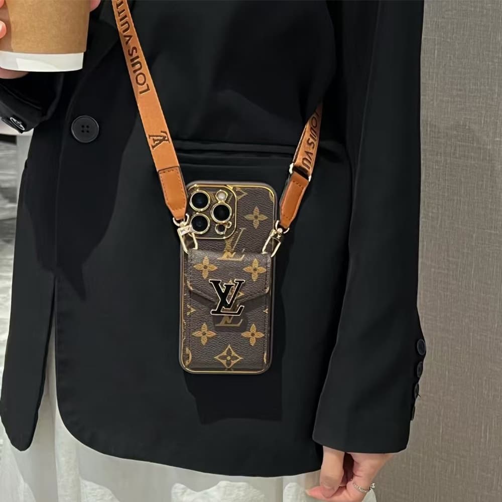 LV & Gucci Accordion Card Wallet Designer iPhone Case - Monogram/GG Print with Detachable Strap & Oversized Logo