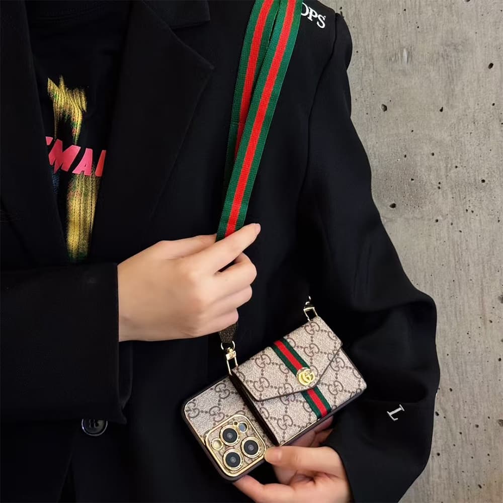 LV & Gucci Horizontal Accordion Wallet Luxury iPhone Case - Monogram/GG Print With Oversized Logo & Detachable Strap