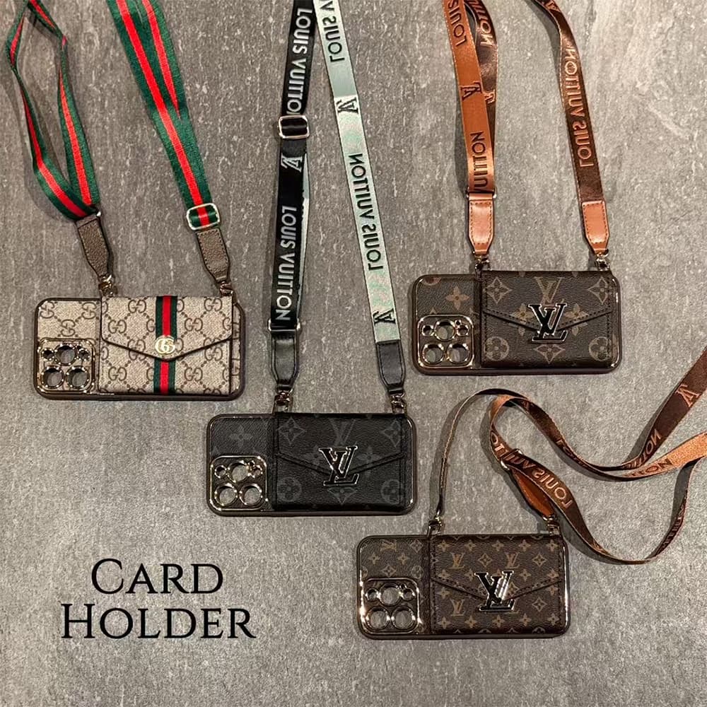 LV & Gucci Horizontal Accordion Wallet Luxury iPhone Case - Monogram/GG Print With Oversized Logo & Detachable Strap