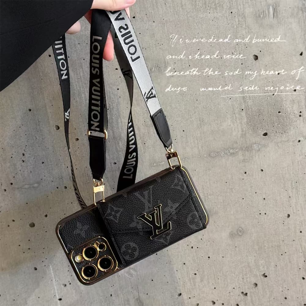 LV & Gucci Horizontal Accordion Wallet Luxury iPhone Case - Monogram/GG Print With Oversized Logo & Detachable Strap