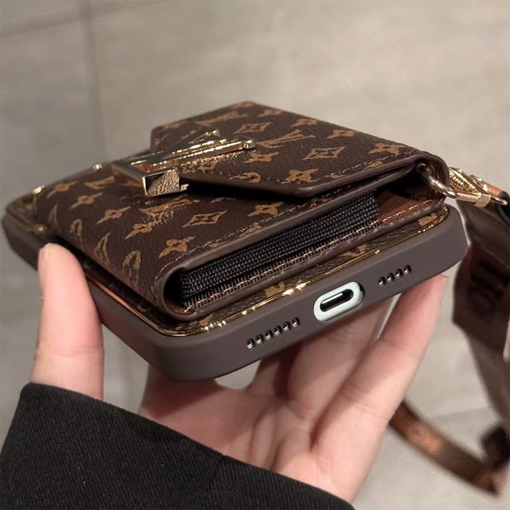 LV & Gucci Horizontal Accordion Wallet Luxury iPhone Case - Monogram/GG Print With Oversized Logo & Detachable Strap
