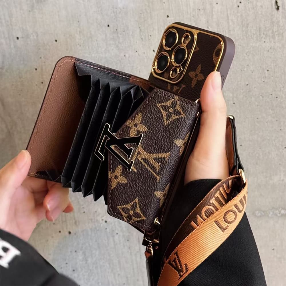 LV & Gucci Horizontal Accordion Wallet Luxury iPhone Case - Monogram/GG Print With Oversized Logo & Detachable Strap
