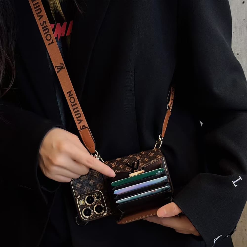 LV & Gucci Horizontal Accordion Wallet Luxury iPhone Case - Monogram/GG Print With Oversized Logo & Detachable Strap