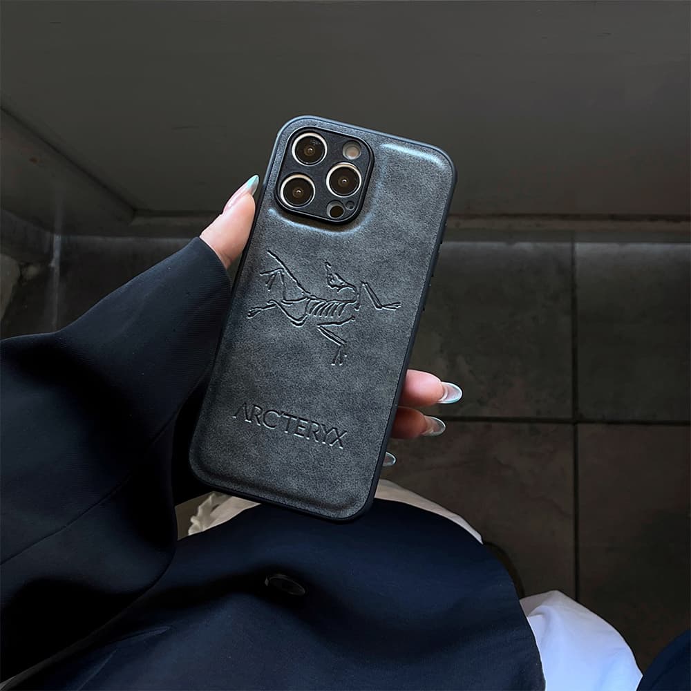 ARC'TERYX Embossed Logo Luxury iPhone Case - Premium Leather (Grey/Green/Black)