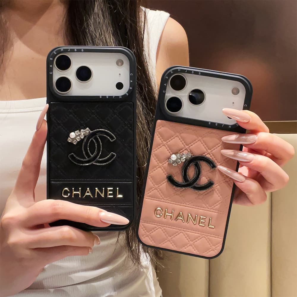 CHANEL CC Logo With Crystal Accents Designer iPhone Case - Diamond Quilted Leather