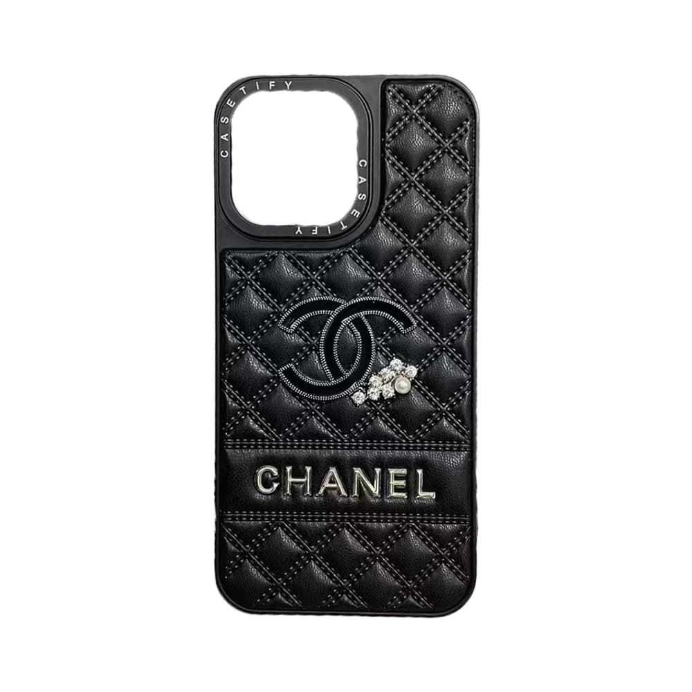 CHANEL CC Logo With Crystal Accents Designer iPhone Case - Diamond Quilted Leather