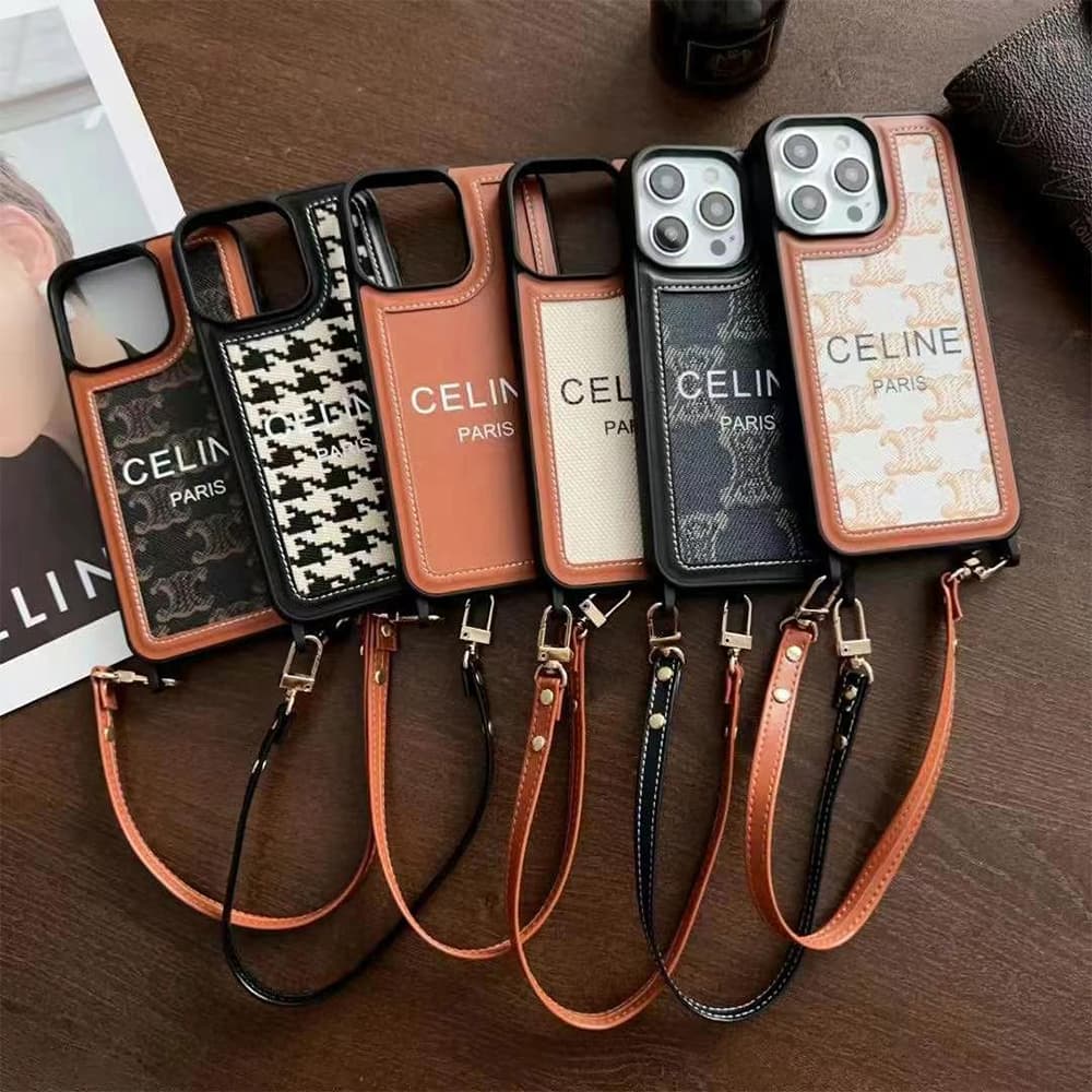 CELINE Triomphe Canvas & Houndstooth Designer iPhone Case with Short Leather Strap
