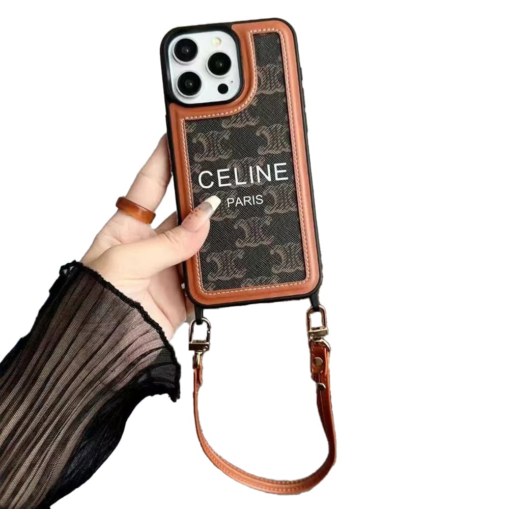 CELINE Triomphe Canvas & Houndstooth Designer iPhone Case with Short Leather Strap