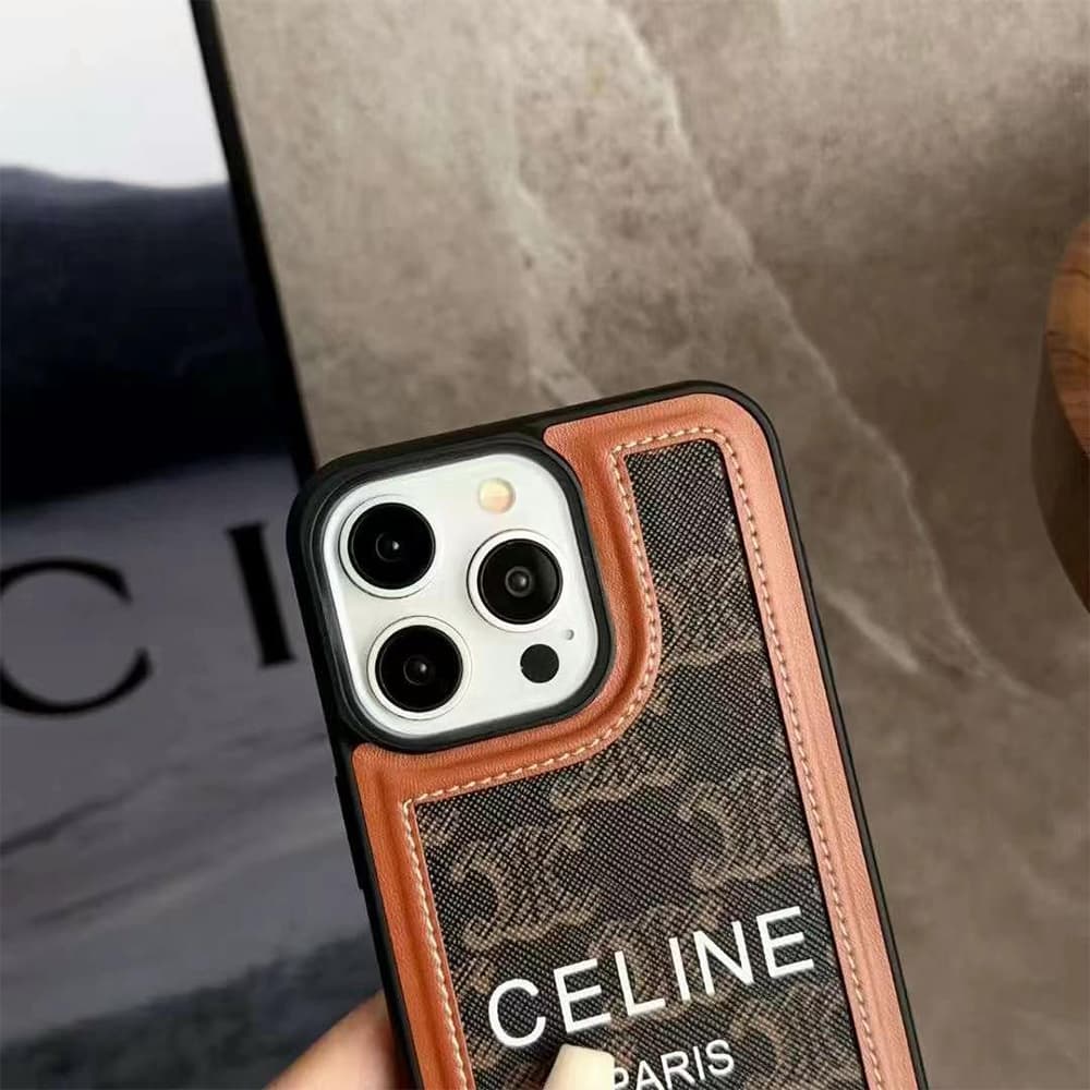 CELINE Triomphe Canvas & Houndstooth Designer iPhone Case with Short Leather Strap