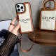 CELINE Triomphe Canvas & Houndstooth Designer iPhone Case with Short Leather Strap