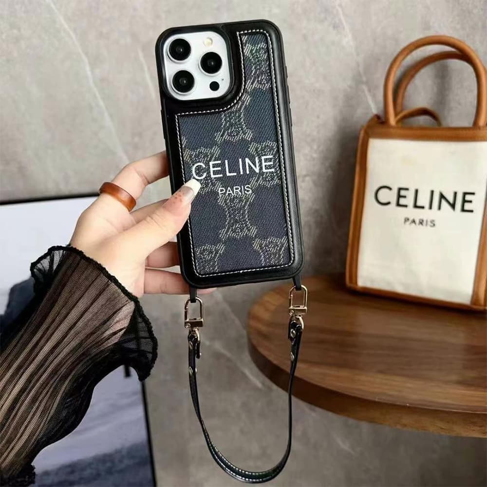 CELINE Triomphe Canvas & Houndstooth Designer iPhone Case with Short Leather Strap