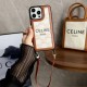 CELINE Triomphe Canvas & Houndstooth Designer iPhone Case with Short Leather Strap