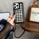 CELINE Triomphe Canvas & Houndstooth Designer iPhone Case with Short Leather Strap