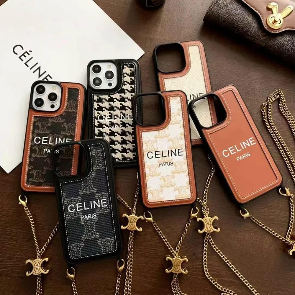 CELINE Triomphe/Houndstooth Luxury iPhone Case with Detachable Chain Strap