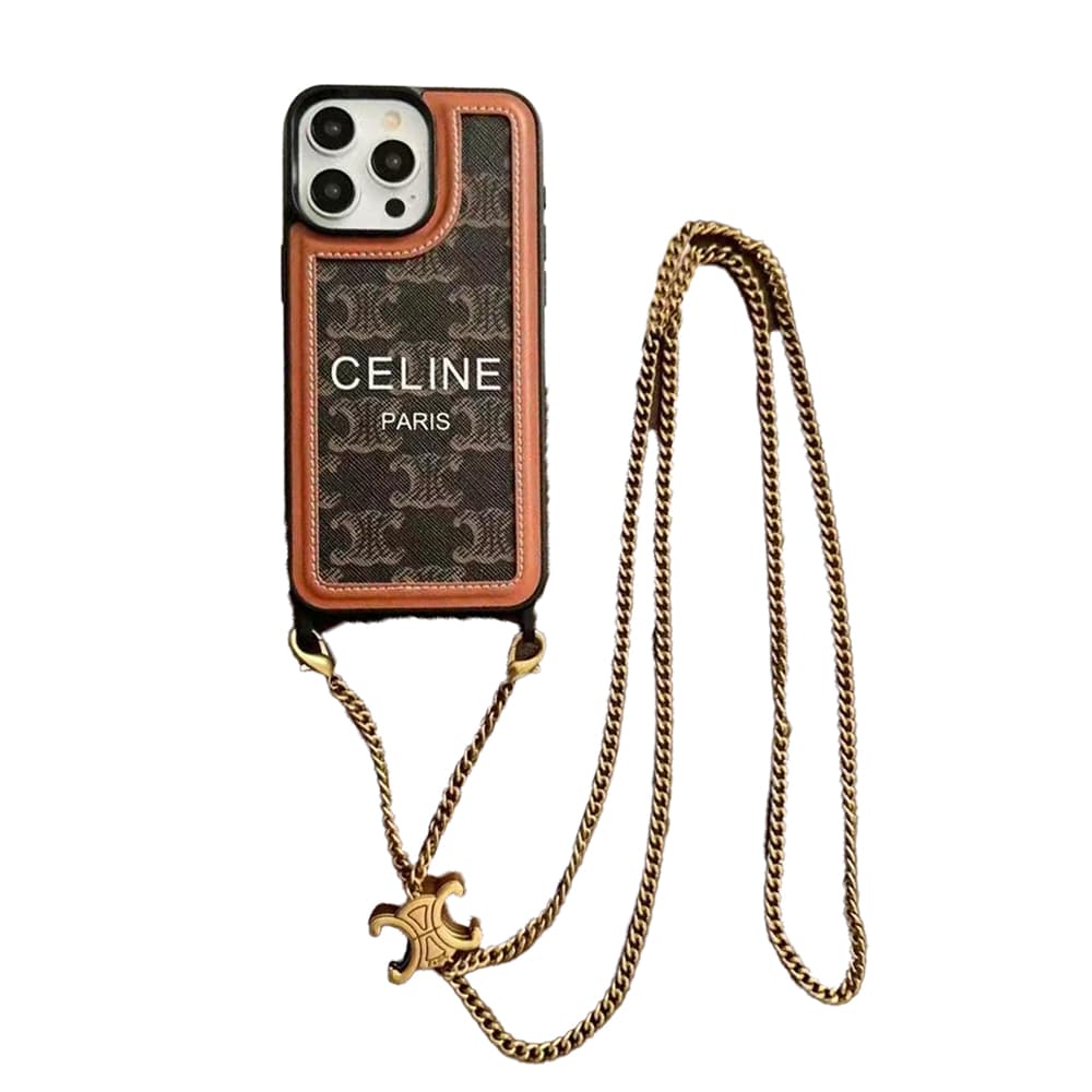 CELINE Triomphe/Houndstooth Luxury iPhone Case with Detachable Chain Strap