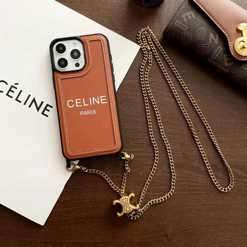 CELINE Triomphe/Houndstooth Luxury iPhone Case with Detachable Chain Strap