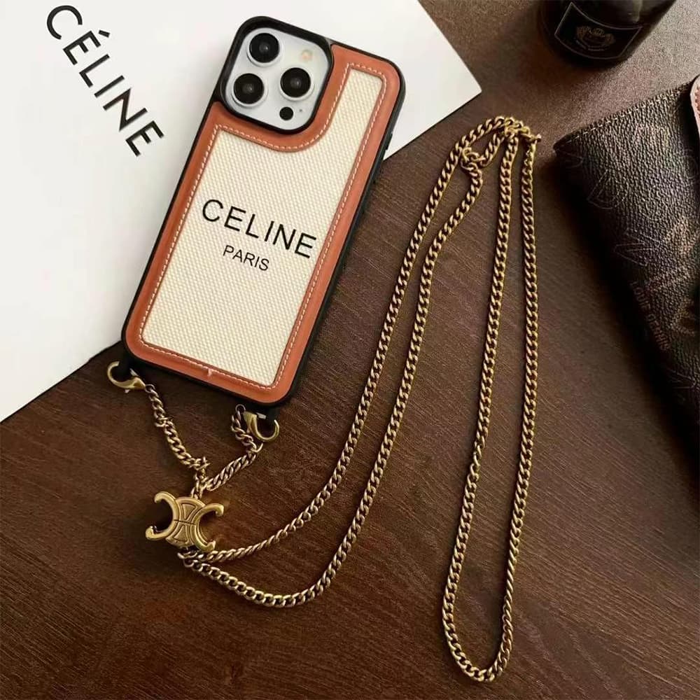 CELINE Triomphe/Houndstooth Luxury iPhone Case with Detachable Chain Strap