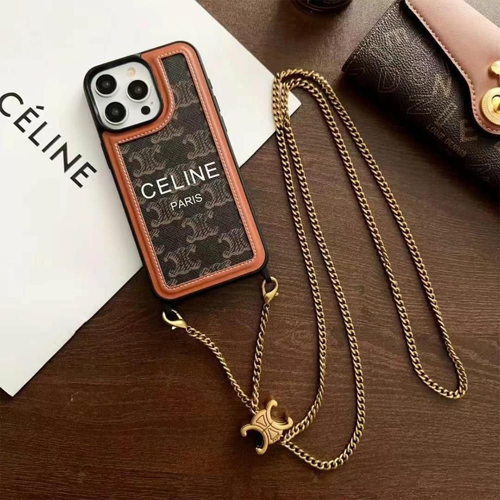 CELINE Triomphe/Houndstooth Luxury iPhone Case with Detachable Chain Strap
