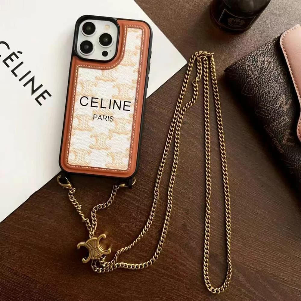 CELINE Triomphe/Houndstooth Luxury iPhone Case with Detachable Chain Strap