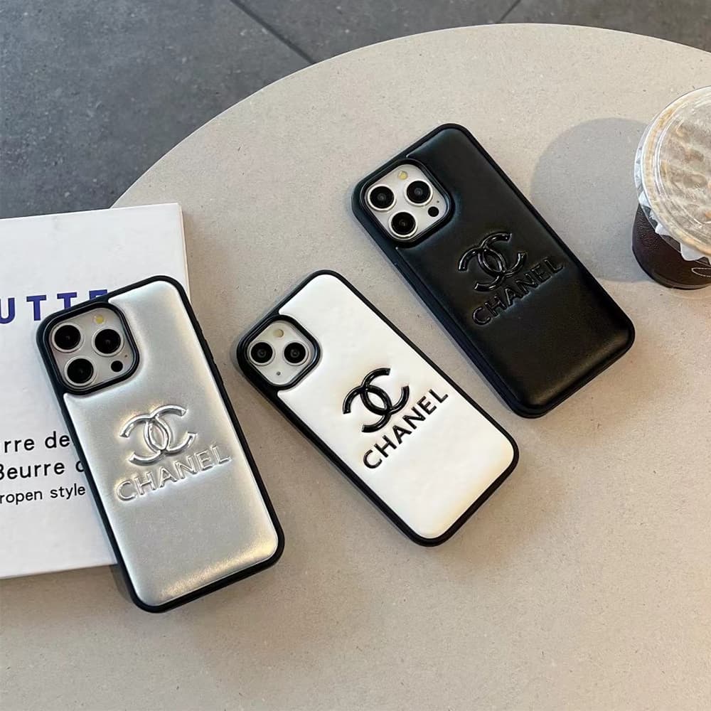 CHANEL CC Logo Embossed Leather Luxury iPhone Case (Black/White/Silver)