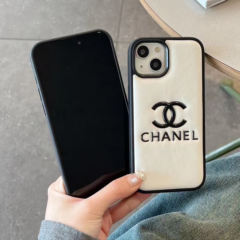 CHANEL CC Logo Embossed Leather Luxury iPhone Case (Black/White/Silver)