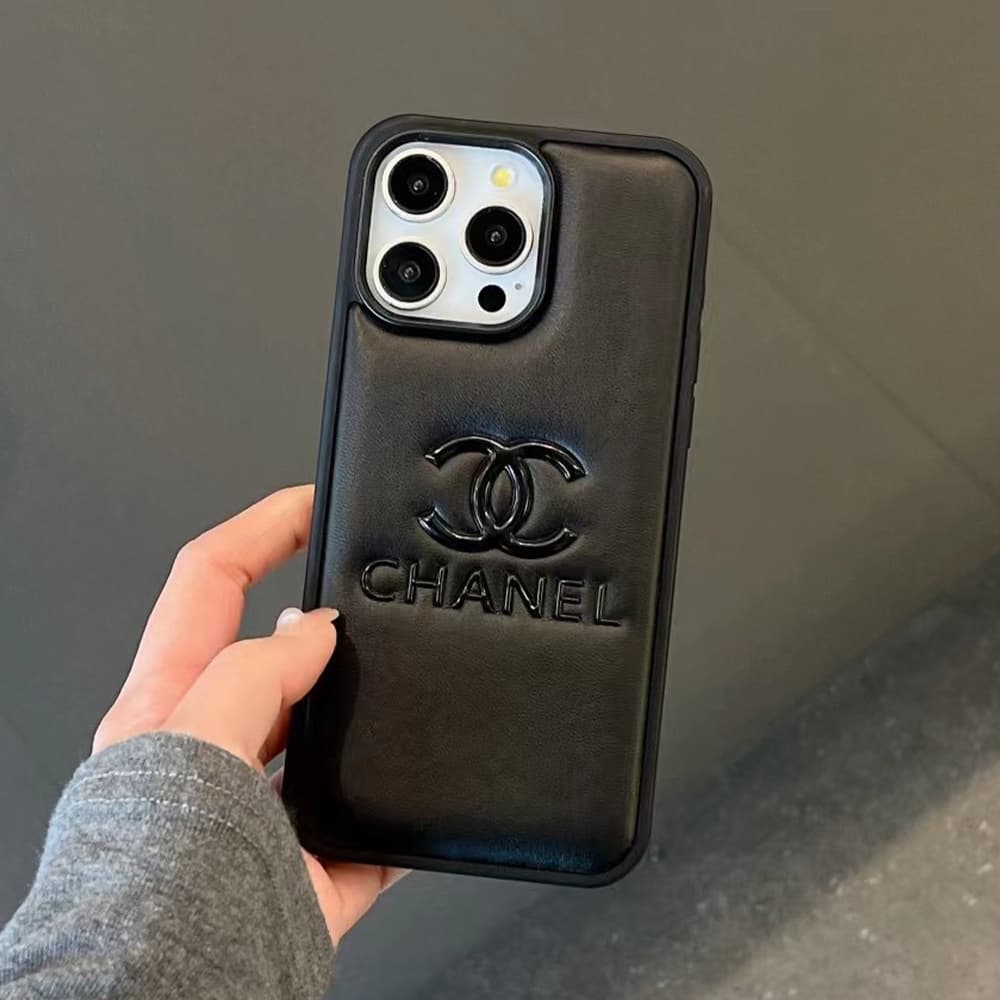 CHANEL CC Logo Embossed Leather Luxury iPhone Case (Black/White/Silver)