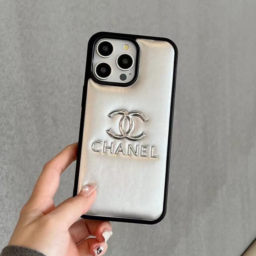 CHANEL CC Logo Embossed Leather Luxury iPhone Case (Black/White/Silver)