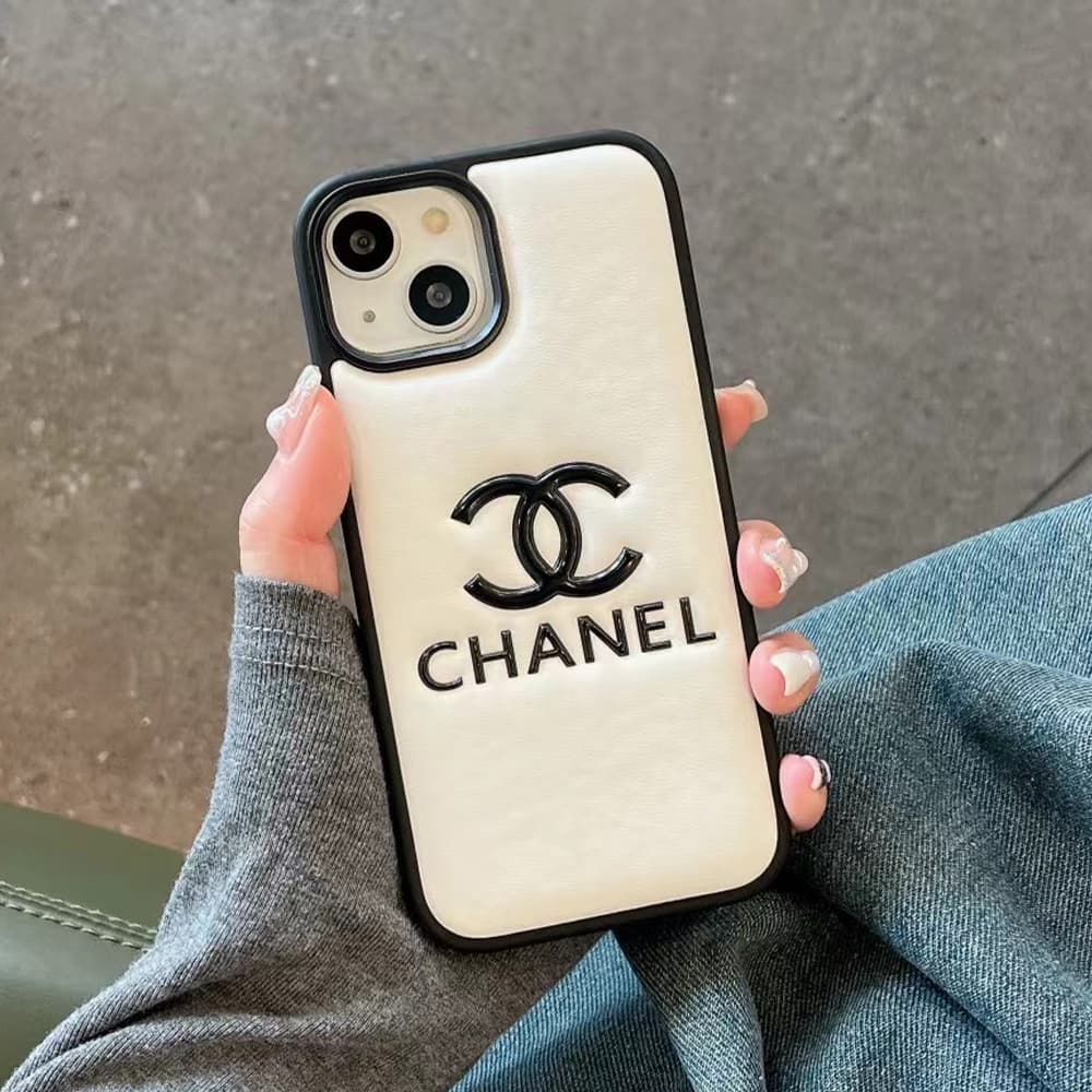 CHANEL CC Logo Embossed Leather Luxury iPhone Case (Black/White/Silver)