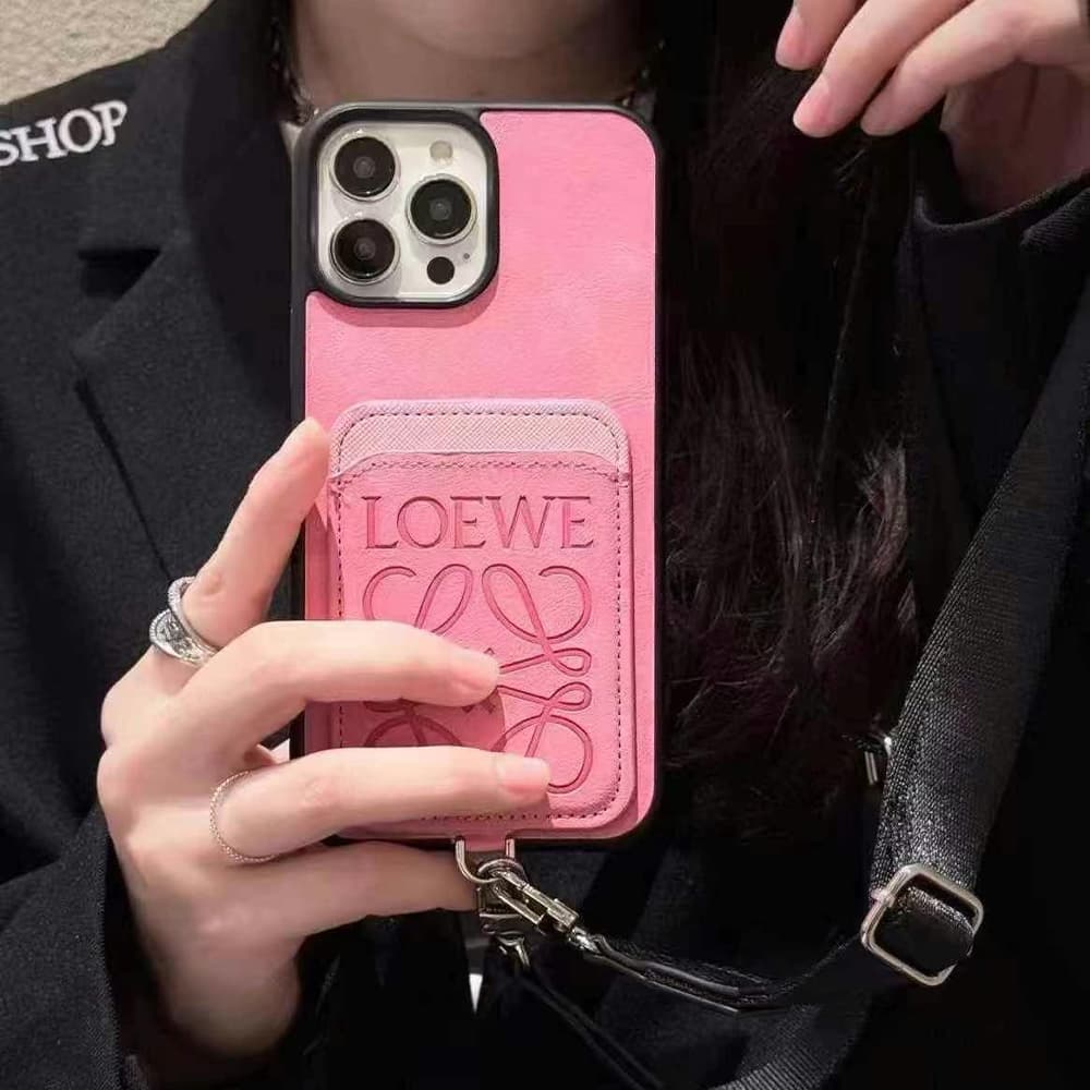 LOEWE Anagram Embossed iPhone Case with Card Holder & Strap (4 Colors)
